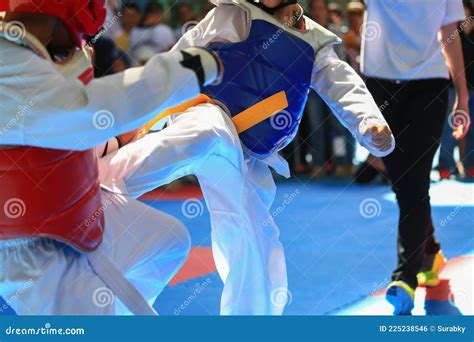 Kids Fighting on Stage during Taekwondo Contest Stock Photo - Image of exercise, childhood ...