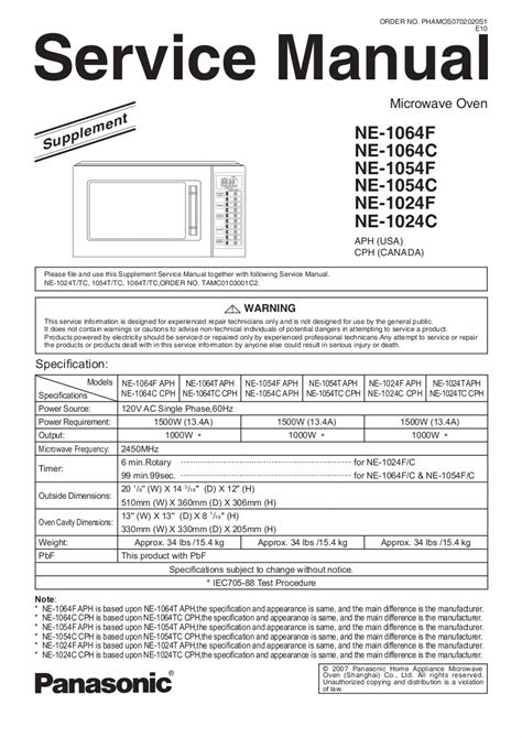 Panasonic Microwave Oven Service Manual Model NE1054