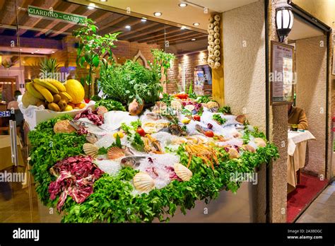 VENICE, ITALY - CIRCA MAY, 2019: seafood on display at a restaurant in ...