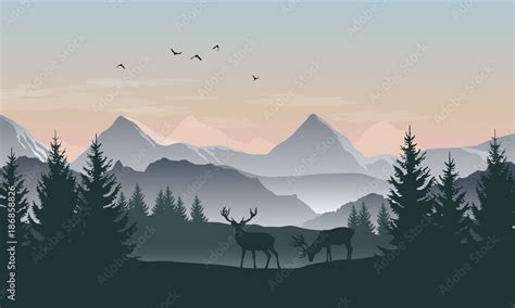 Vector landscape with silhouettes of mountains, trees and two deer with sunrise or sunset sky ...