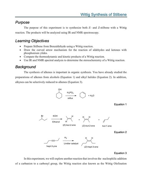 Solved Wittig Synthesis of Stilbene Purpose The purpose of | Chegg.com