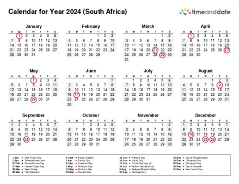 Printable Calendar 2024 for South Africa (PDF)