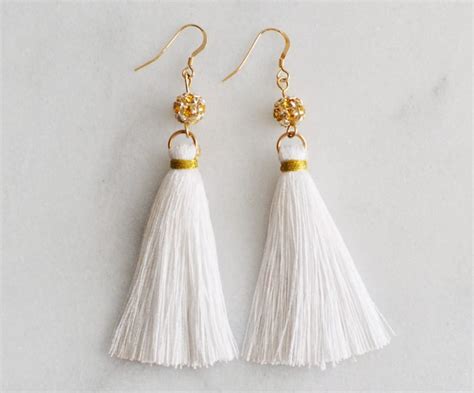 White Fringe Tassel Earrings, Gold Rhinestone Earrings - Jewels by Trish