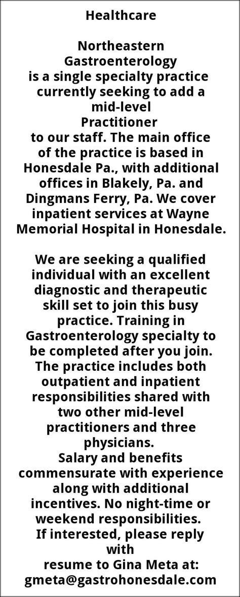 Seeking To Add A Mid-level Practitioner, Northeast Gastroenterology Associates