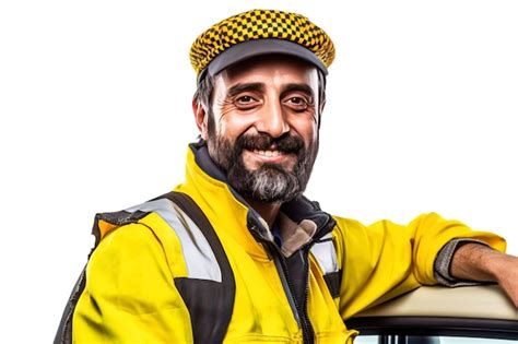 Premium Photo | Closeup of smiling male taxi driver in uniform car yellow background isolate