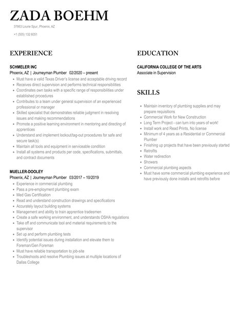 Journeyman Plumber Resume Samples | Velvet Jobs