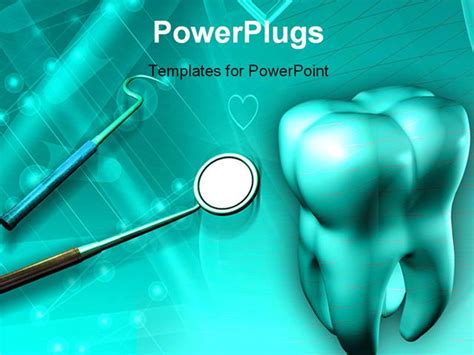 PowerPoint Template Displaying a Big 3D Tooth, with some Dental Equipments on Blue Background ...