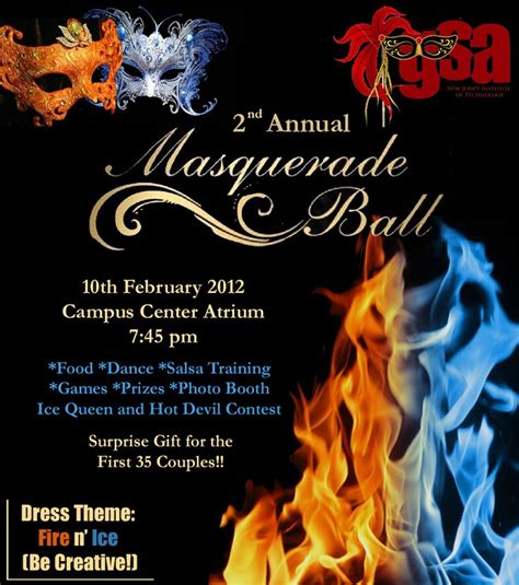 an event poster for the masquerade ball with fire and masks on black background