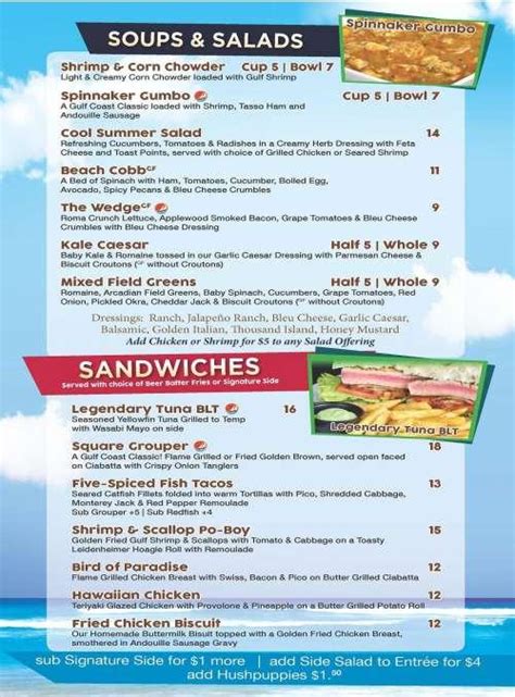 Spinnaker Beachside Grill menu in Panama City Beach, Florida, USA