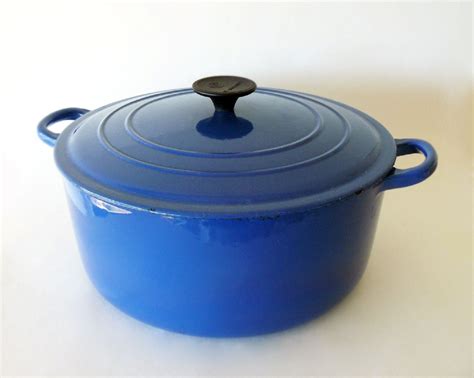 Vintage Le Creuset Large Blue Dutch Oven Enamel Coated Cast