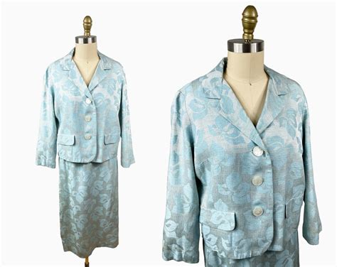 Vintage Worn on Marvelous Mrs Maisel 1960s Blue Silver White 2PC Suit Set Jacket Brocade Skirt ...