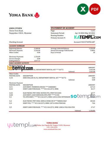 Myanmar Yoma bank statement Excel and PDF template