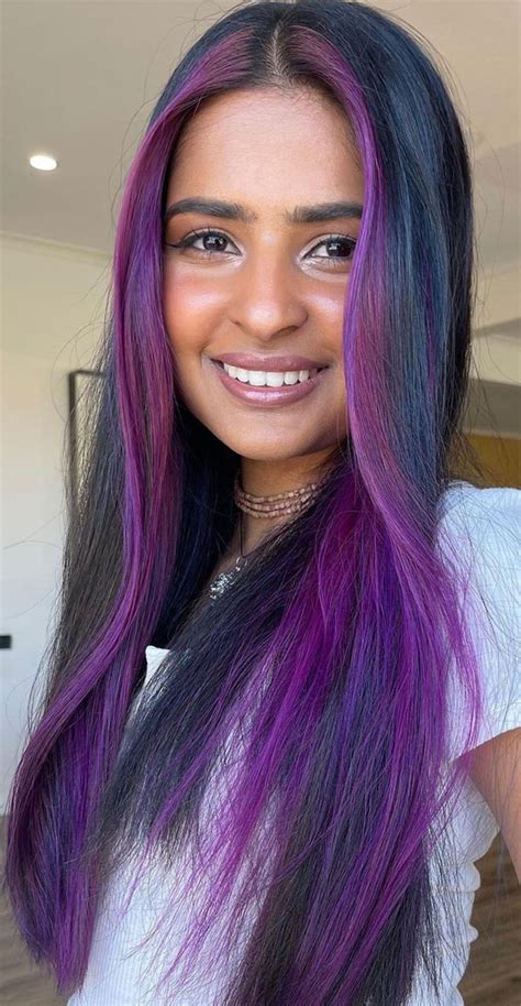 40 Cute Money Piece Hair Highlights : Purple Money Piece Dark Hair