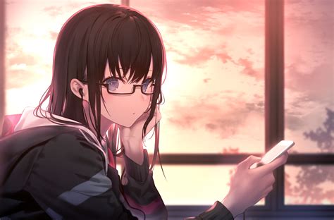 anime, anime girls, original characters, dark hair, smartphone, glasses HD Wallpaper