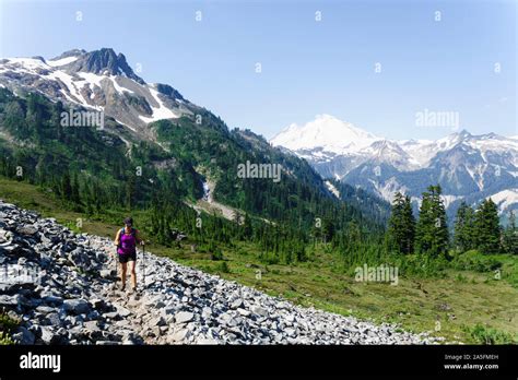 Hiker on Lake Ann trail, Mt Baker in the background. Mount Baker ...