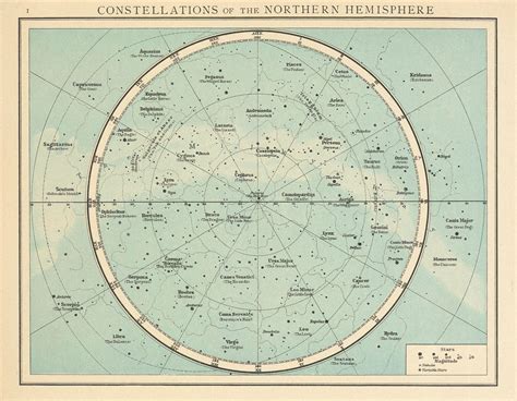 Northern Hemisphere constellations. Night sky. Star chart. THE TIMES 1895 map