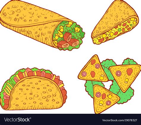 Mexican food set graphic doodle cartoon art Vector Image