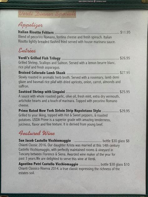 Menu at Verdi restaurant, Waterbury