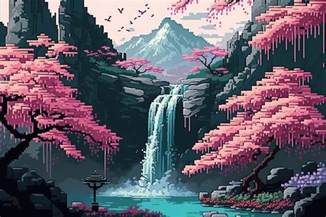 Premium Photo | A waterfall in a pixel art style