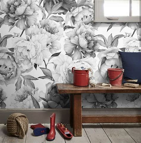 Peony peel and stick Floral gray wallpaper Peonies Wall | Etsy | Mural wallpaper, Peony ...