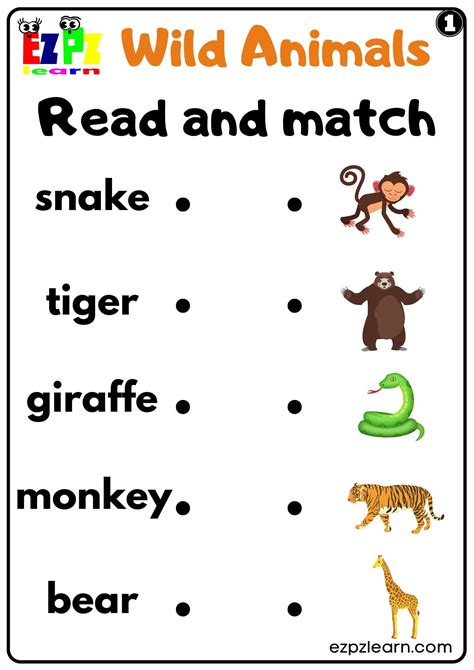 Wild Animals Read and Match Set 1 For kids and ESL PDF Download ...