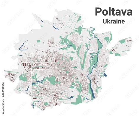 Poltava map, oblast center city in Ukraine. Municipal administrative area map with buildings ...