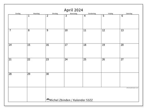 Kalender april 2024 om af te drukken “53ZZ” - Michel Zbinden NL