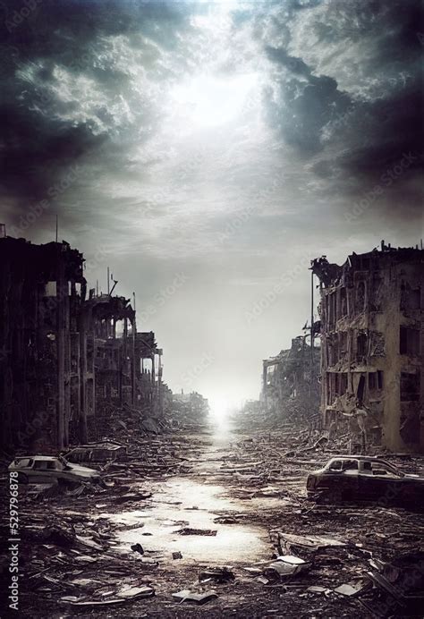 A post-apocalyptic ruined city. Destroyed buildings, burnt-out vehicles and ruined roads. 3D ...