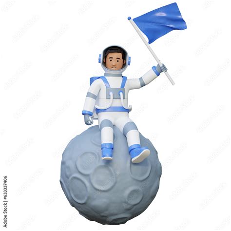 astronaut sitting in moon while holding flag 3d cartoon illustration ...