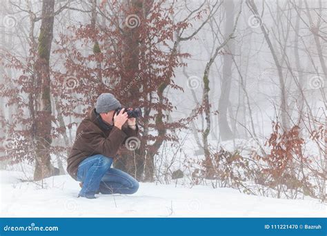 Nature Photographer in Winter Forest Stock Photo - Image of scene, cold ...