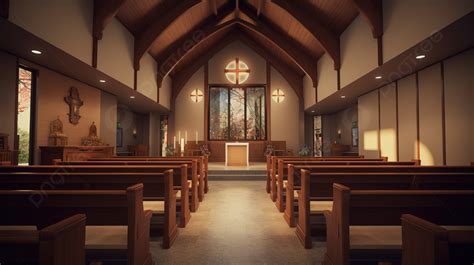 3d Tour Of An Empty Church With Wood Pews And Church Signs Background ...