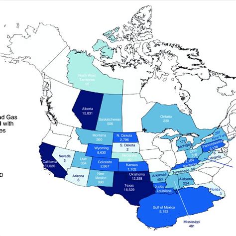 Map of the number of oil and gas wells in each state/province operated... | Download Scientific ...