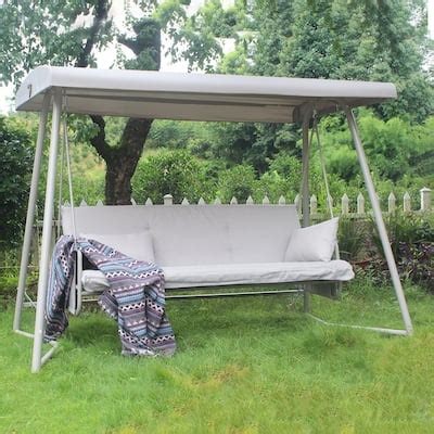 Outdoor Patio 3 seaters Metal Swing Chair Swing bed with Cushion and Adjustable Canopy Champagne ...