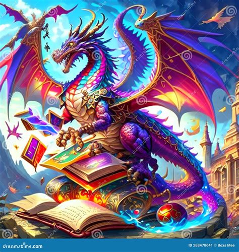 Illustration of a Dragon Reading a Book in a Fairytale Generative AI Stock Illustration ...