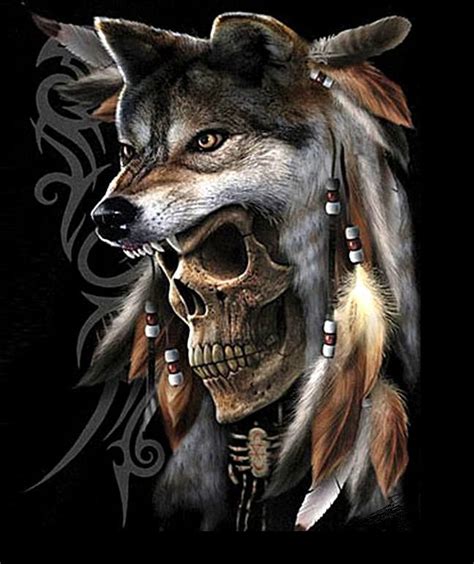 a drawing of a wolf with feathers on its head and skull in the background,