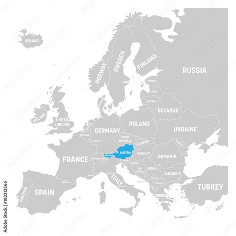 Austria marked by blue in grey political map of Europe. Vector illustration. Stock Vector ...