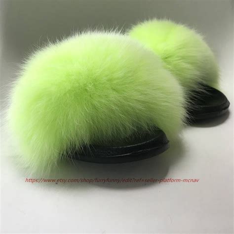 Green Color Real Fox Fur Slippers Fluffy Fur Slides summer fur | Etsy