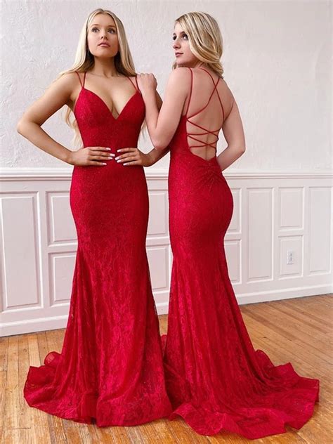 V Neck Mermaid Red Lace Long Prom Dresses, Mermaid Lace Red Formal Dre ...