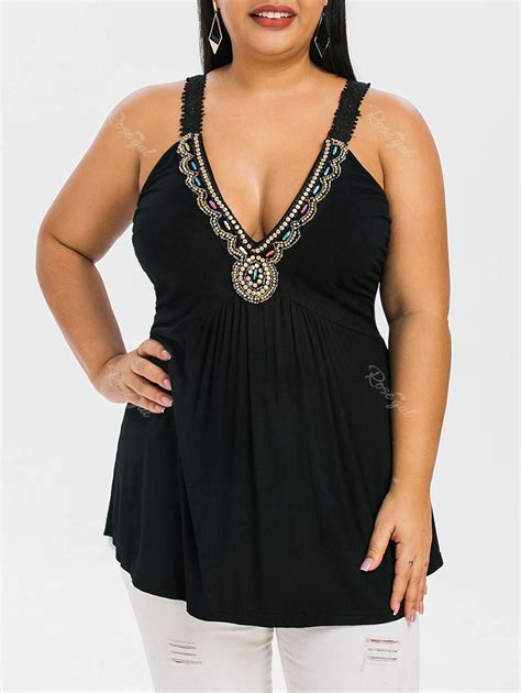 [37% OFF] Plus Size Beading Plunging Tank Top | Rosegal