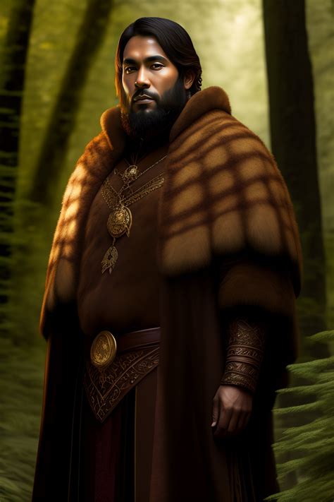 Lexica - Magic druid in woods, plain bearskin cloak, brown eyes, trimmed beard, tan, short hair ...