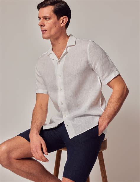 Men's White Linen Slim Short Sleeve Shirt - Revere Collar