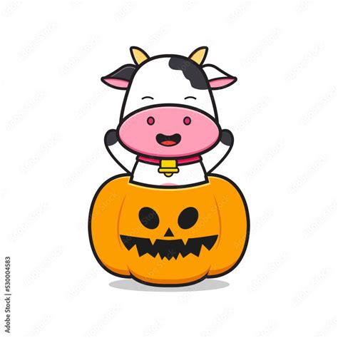 Cute cow with pumpkin halloween mascot icon cartoon illustration flat ...