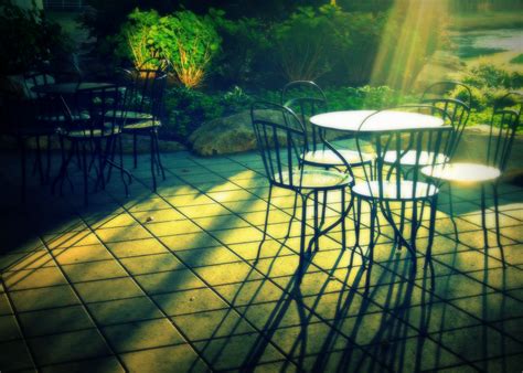 Free Images : table, outdoor, light, deck, night, sunlight, morning, chair, green, reflection ...