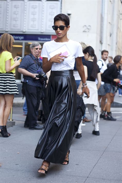 Leather maxi skirt, seen at #NYFW #SS15 #streetstyle Leather Skirt Street Style, Long Leather ...