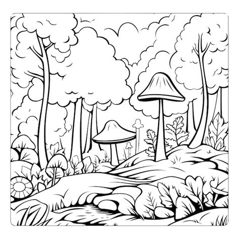 Premium Vector | Forest landscape with trees and mushrooms Coloring ...