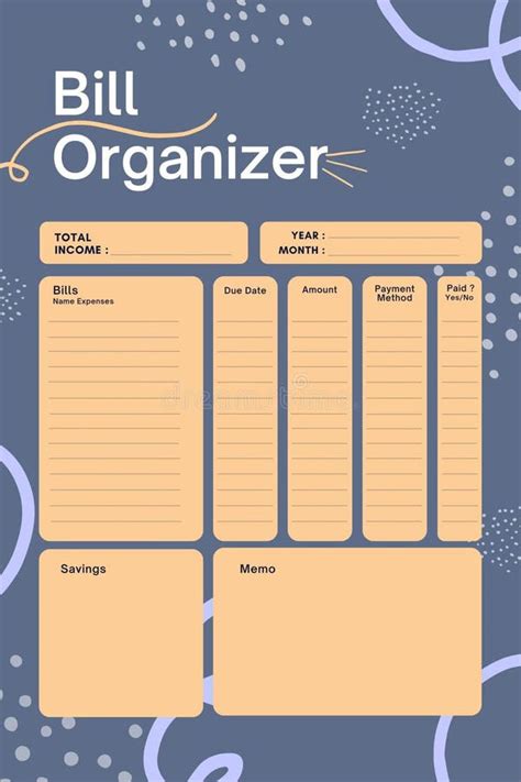 Bill Organizer Planner Digital Printable Blank Template Insert Stock Illustration - Illustration ...