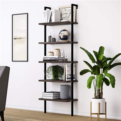 Industrial 5-Tier Ladder Shelf Bookcase, Wall-mounted Wood Shelves Bookshelf with Metal Frame ...