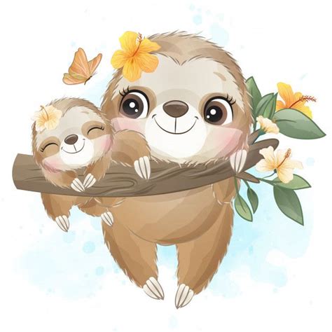 Premium Vector | Cute sloth mother and baby with watercolor | Dessins ...