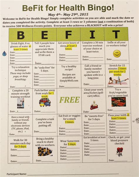 Wellness Bingo Staff Challenge - Janeesstory