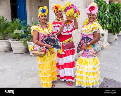 Cuban women with traditional clothing in old Havana street Stock Photo ...